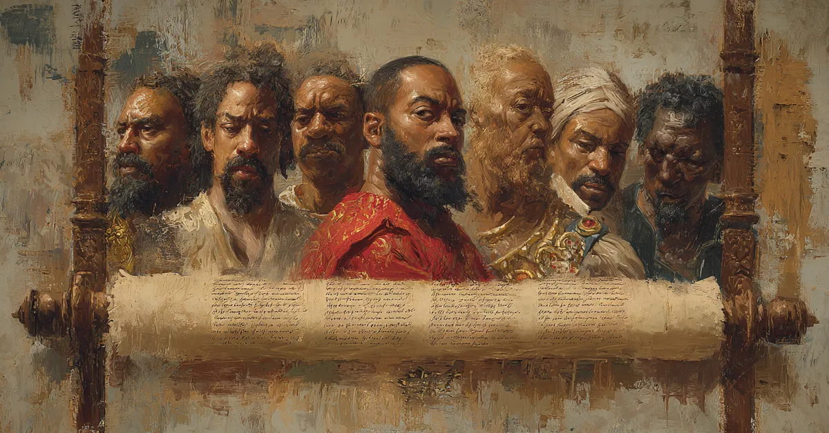 A scroll showing portraits of Othello�s key characters arranged for identification aiding Othello Character Matching