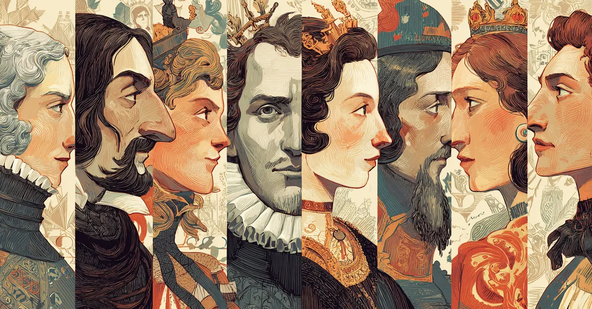 A long scroll displaying portraits of English and French leaders arranged side by side aiding recognition for Henry VI Part 1 Character Matching