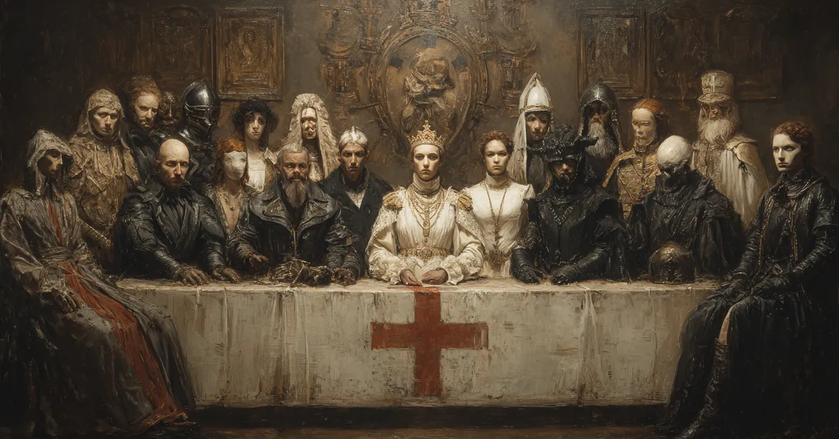 A long scroll displaying portraits of key English factions arranged in opposed groups aiding recognition for Henry VI Part 2 Character Matching