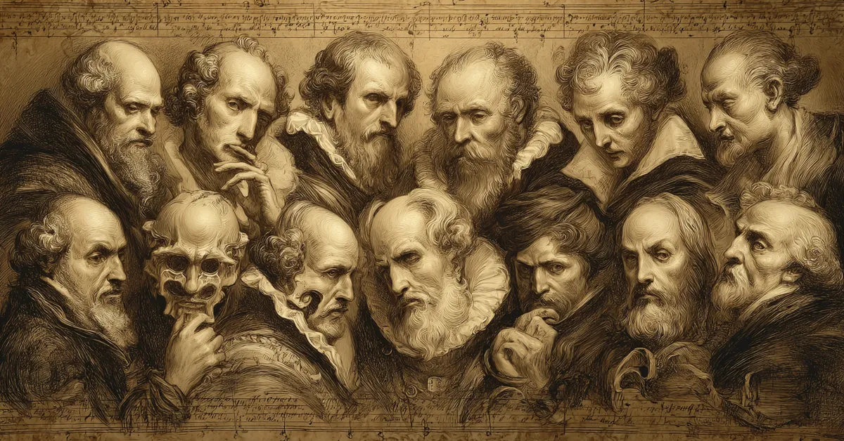 A scroll showing arranged portraits of Macbeth characters aiding recognition for Macbeth Character Matching