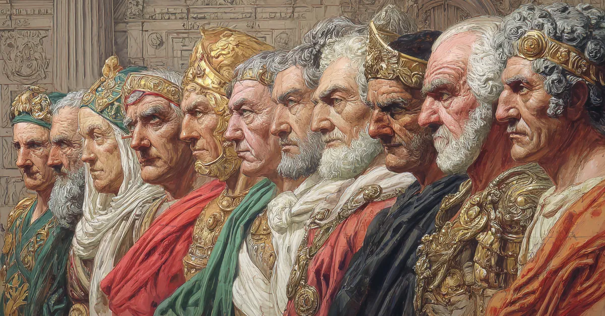 A long scroll featuring portraits of Roman statesmen arranged for comparison aiding recognition in The Tragedy Of Julius Caesar Character Matching