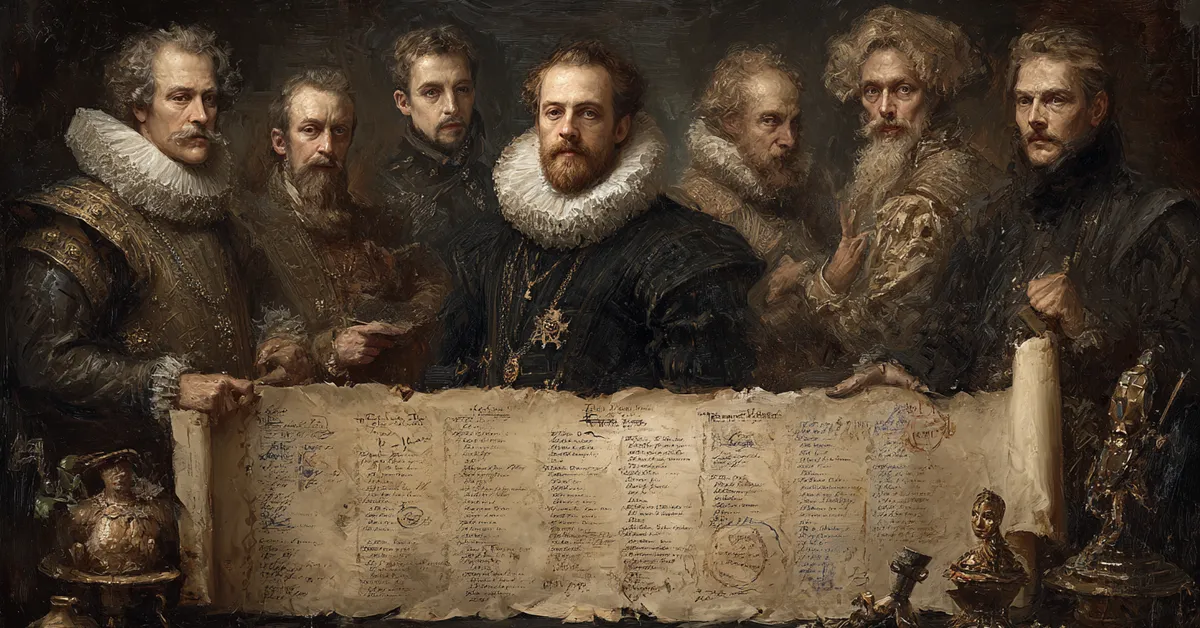 A scroll displaying portraits of key Tudor court figures arranged for identification aiding memory for King Henry VIII Character Matching