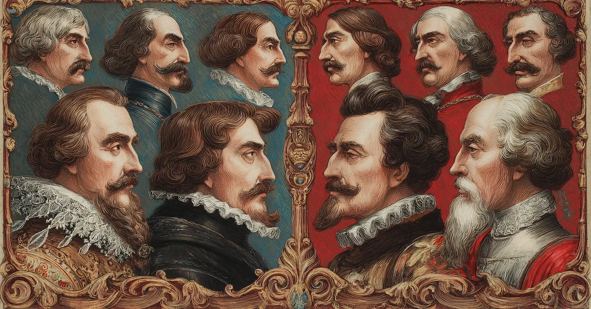 A scroll showing portraits of Yorkist and Lancastrian leaders arranged in two facing columns aiding recognition in Henry VI Part 3 Character Matching