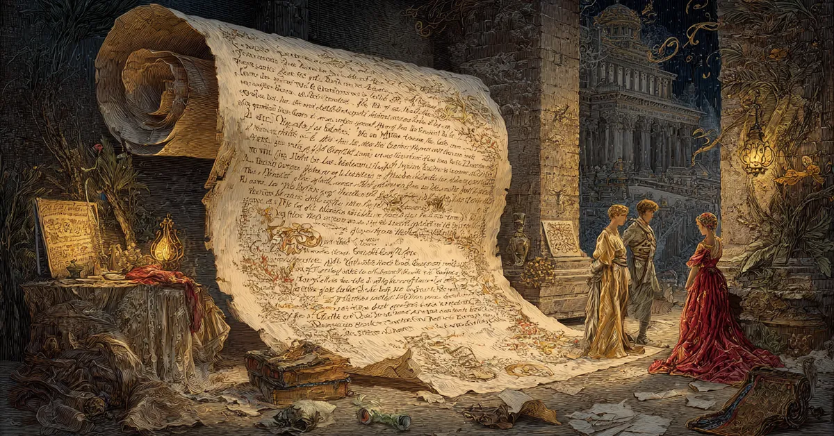 A scroll unrolled beside torchlight displaying ornate introduction lines matching the Troilus and Cressida Prologue