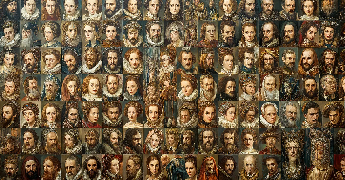 A scroll filled with portraits of nobles queens and kings arranged in clear rows aiding recognition for Richard III Character Matching
