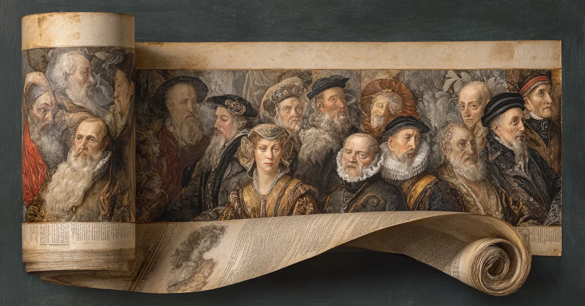 A scroll arranged with portraits of major characters assisting Timon of Athens character matching