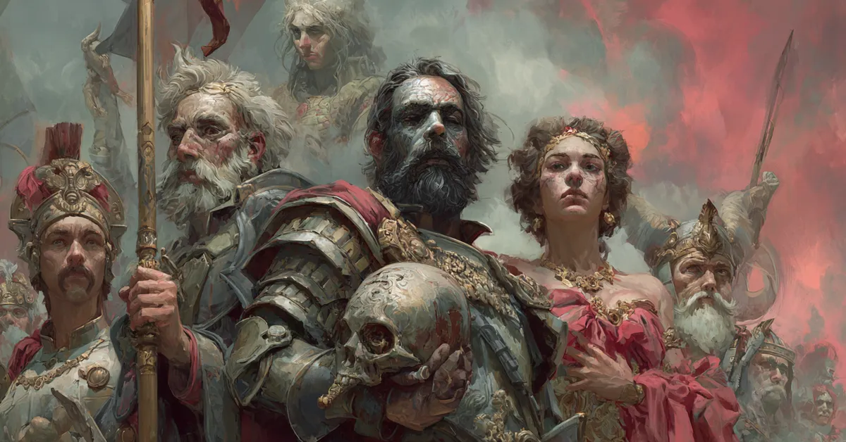 A scroll arranged with portraits of major characters aiding Titus Andronicus character matching