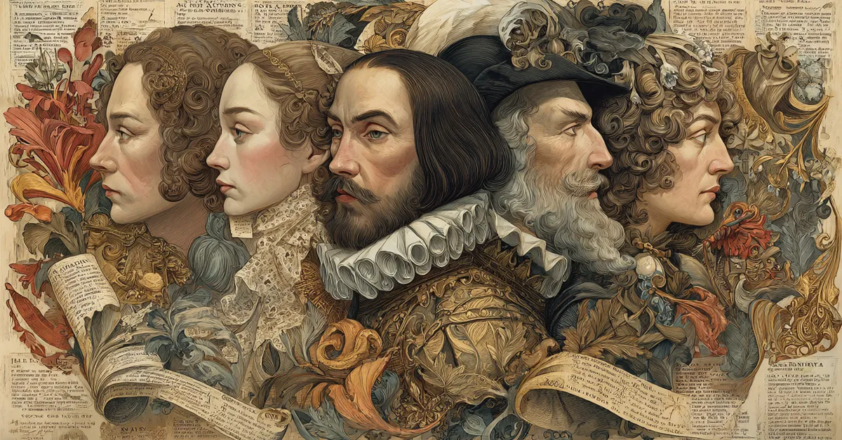 A scroll arranged with portraits of key characters from the tale aiding The Two Noble Kinsmen Character Matching