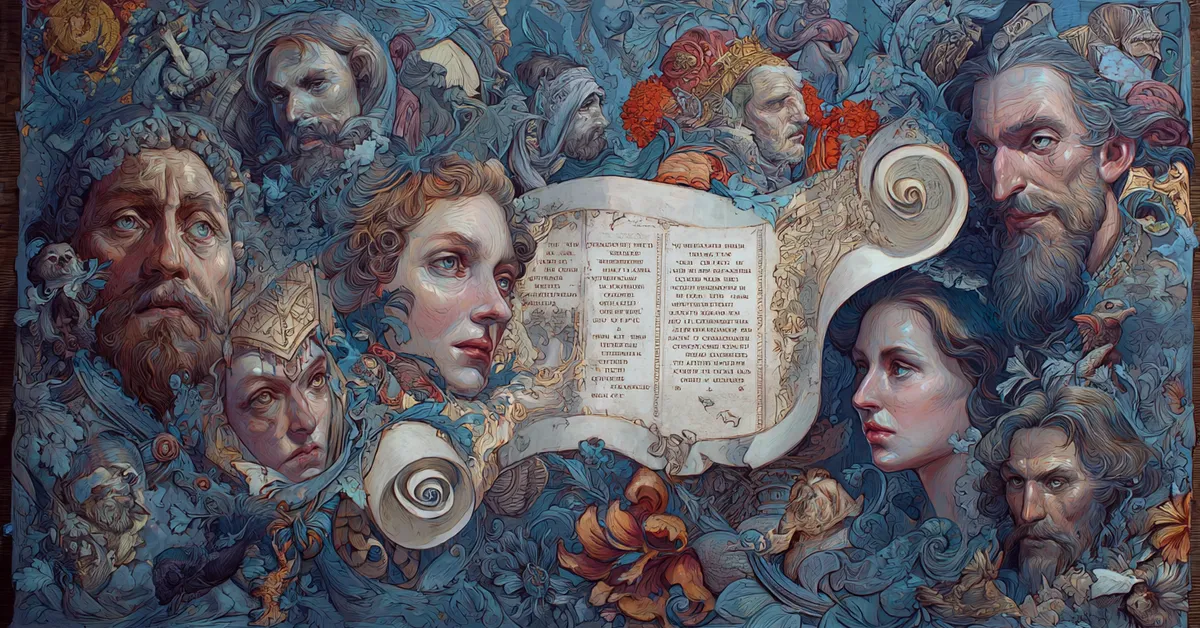 A scroll arranged with portraits of major characters aiding The Winters Tale character matching