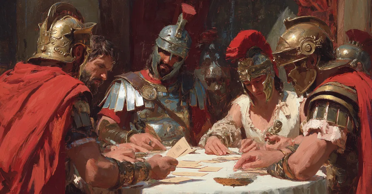 Senators debating in a marble chamber framed by torches capturing the conflict explored in the Act 3 quiz