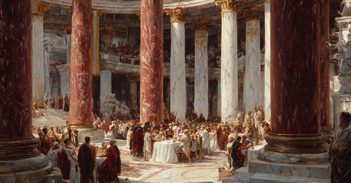 Senators gathered beneath tall pillars in a marble hall conveying the early political tension of The Tragedy Of Julius Caesar Act 1