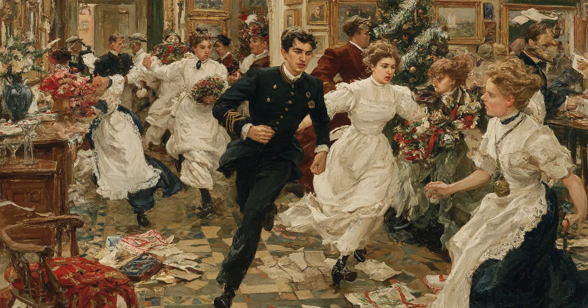 Servants rushing through a busy home carrying decorations reflecting Romeo and Juliet Act 4 Scene 4