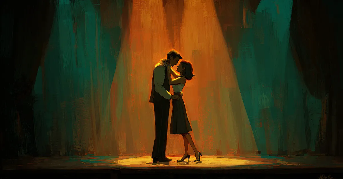 two figures onstage under warm lighting sharing a tender moment that reflects themes of romance and longing