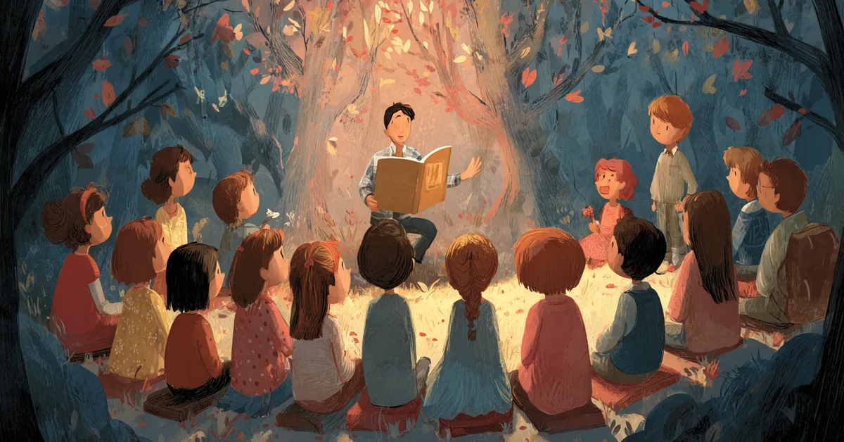 children gathered around a storyteller with illustrated pages bringing gentle shakespeare themes to young learners