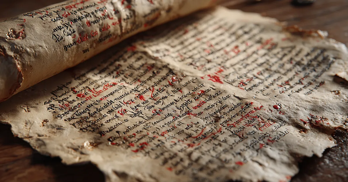 a parchment with highlighted phrases and linguistic notes illustrating how words evolved from classic text