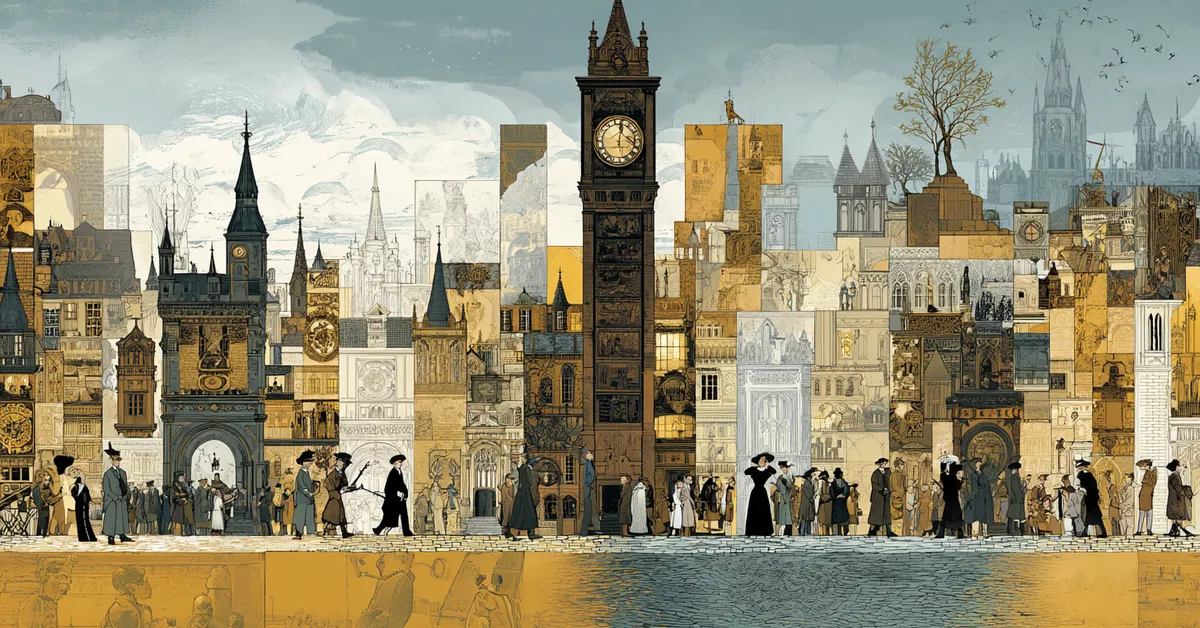 a timeline style collage with quills theatres and london streets depicting key moments from shakespeare�s life