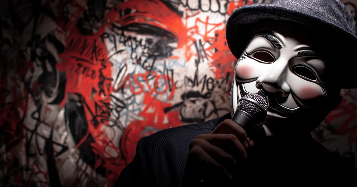 a microphone and graffiti backdrop paired with a vintage theatre mask blending modern hip hop energy with classic drama
