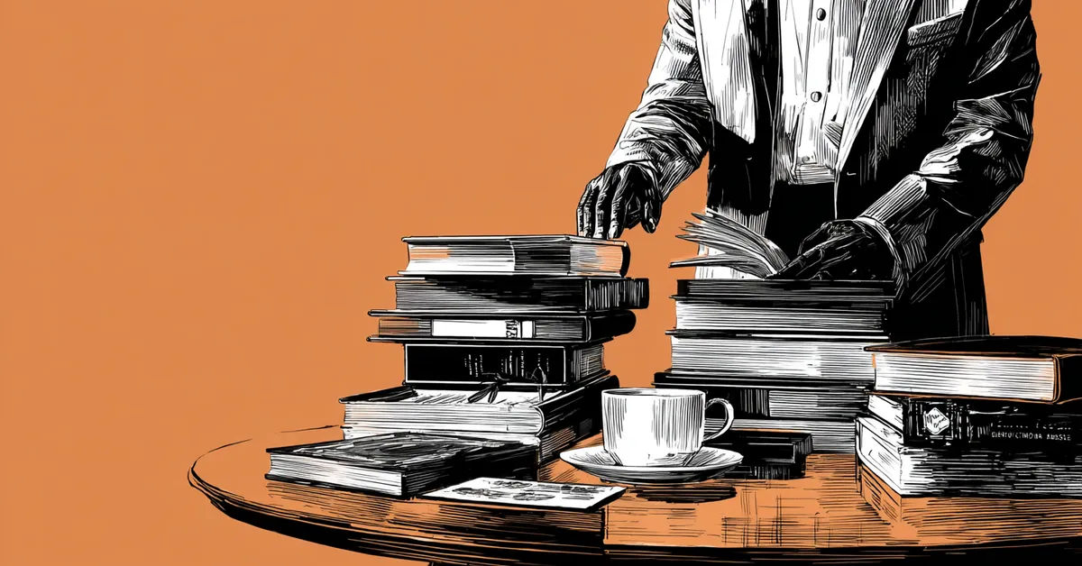 a library table with stacked plays and a reader deciding between titles capturing the moment of choosing what to read next