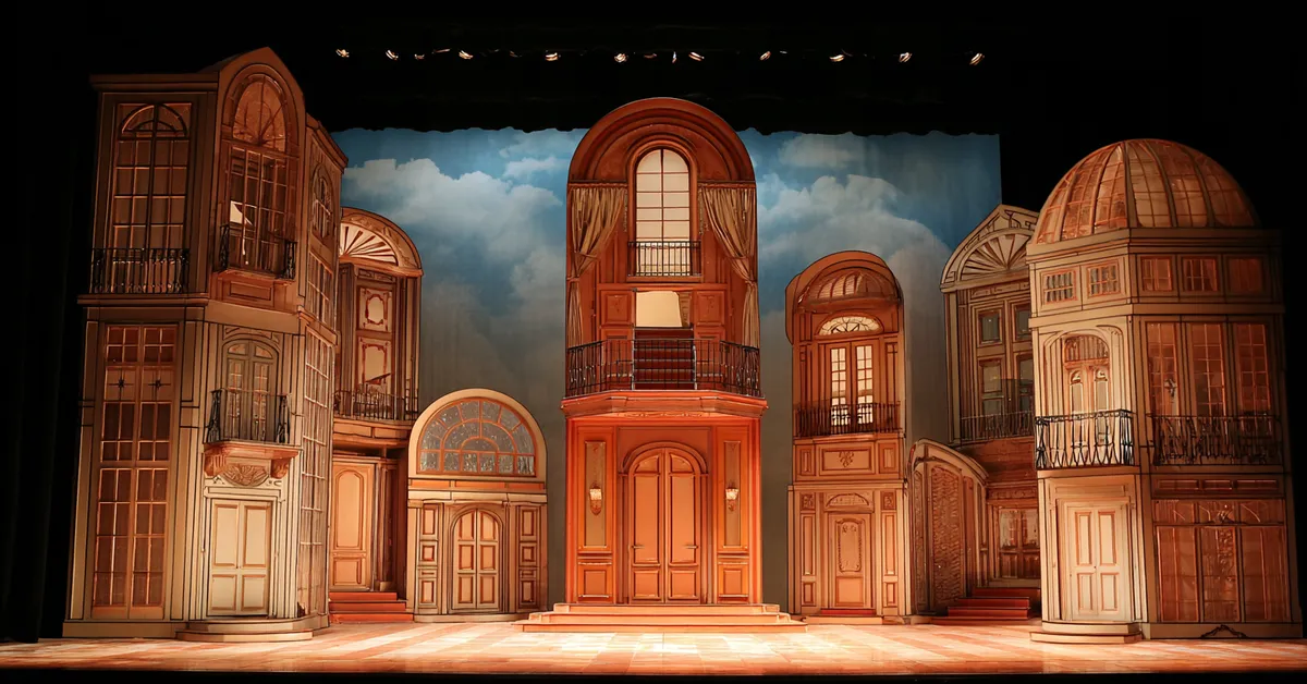 a spread of iconic stage sets costumes and props representing several well known plays together