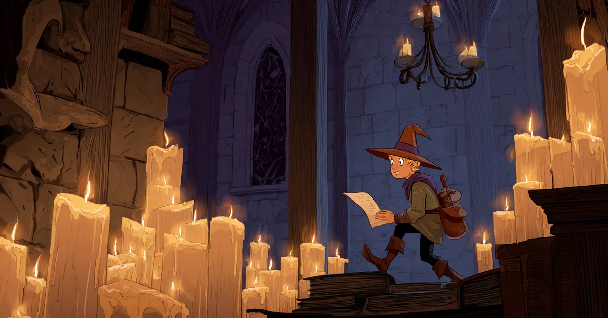 a storybook scene with a young thief sneaking through a candlelit room holding a small manuscript