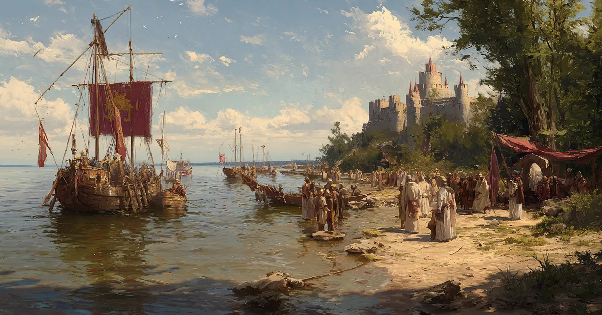 A shoreline with boats prepared for departure and attendants loading supplies showing the departure in Richard II Act 2 Scene 4