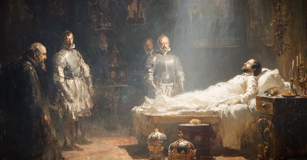 A sick king resting in a shadowed bedchamber with attendants nearby and a crown on a stool beside him reflecting the declining health in Henry IV Part 2 Act 4