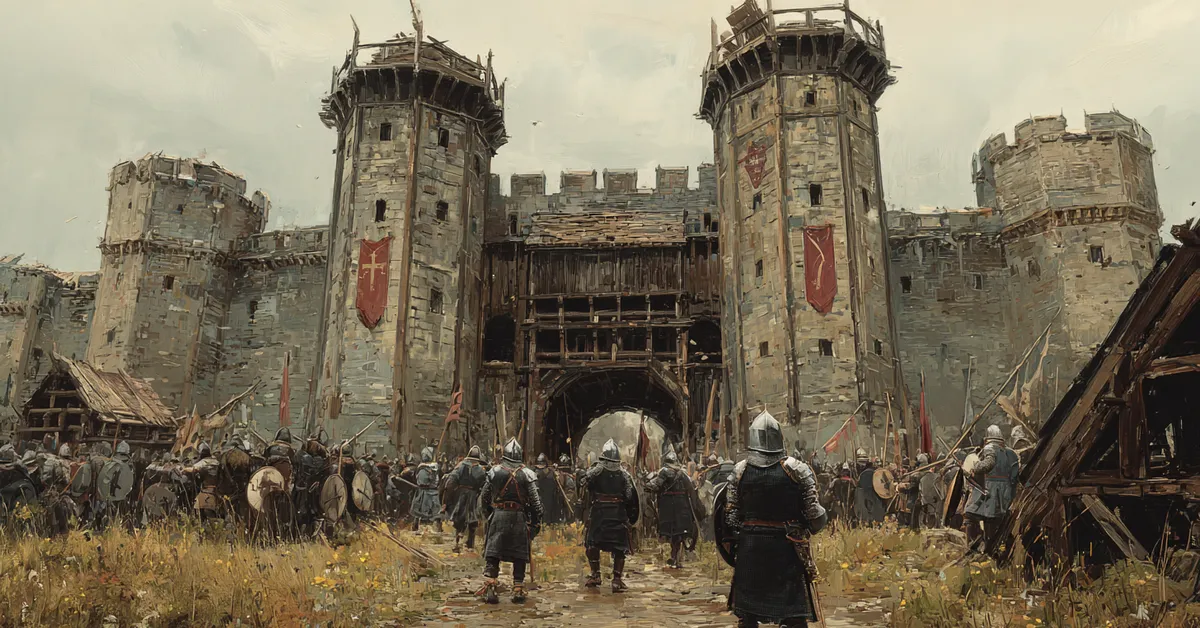 Siege lines forming before tall city gates with soldiers advancing siege towers and archers ready connecting to the standoff in King John Act 2 Scene 1