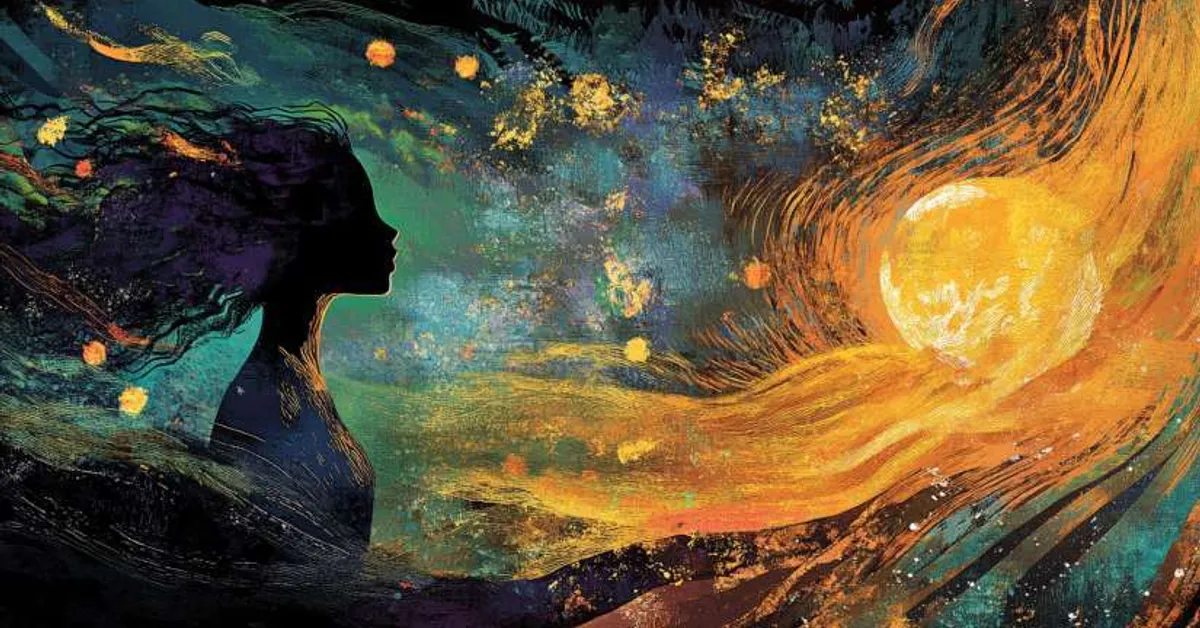 A silhouette reaches toward a glowing golden sun within a textured cosmic scene symbolizing imagination in A Wrinkle In Time Literary Devices Quiz.