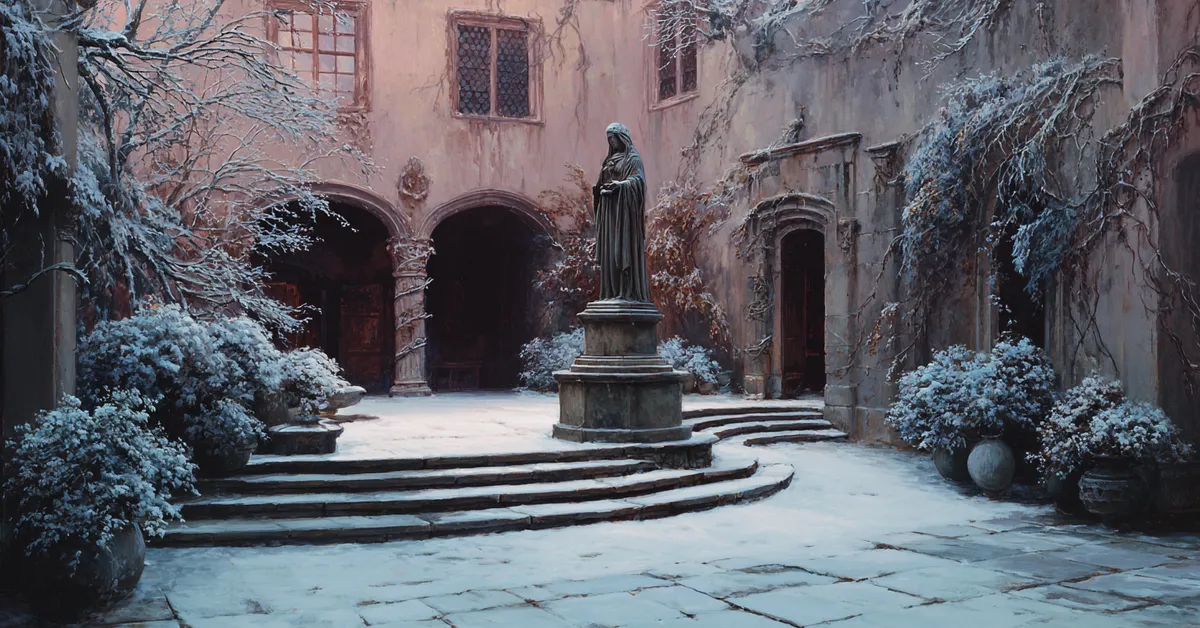 A snowy courtyard with a stone statue of a queen surrounded by frosted walls evoking the atmosphere of a scene from The Winter�s Tale