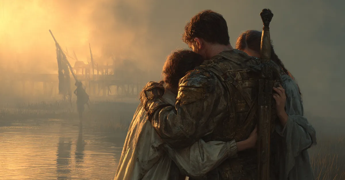 A soldier embracing family at dawn before departing reflecting the emotion of Act 4 Scene 1