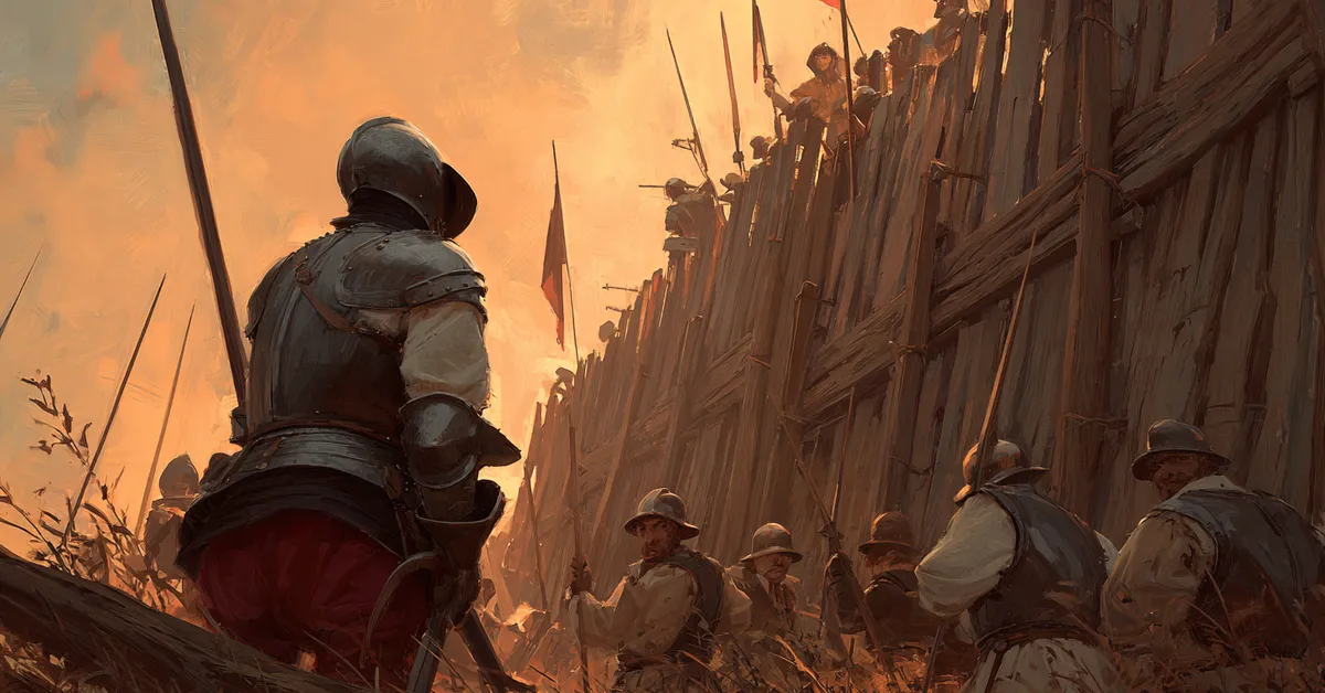 A soldier guarding prisoners against a wooden barricade hinting at the skirmish in Henry V Act 4 Scene 4