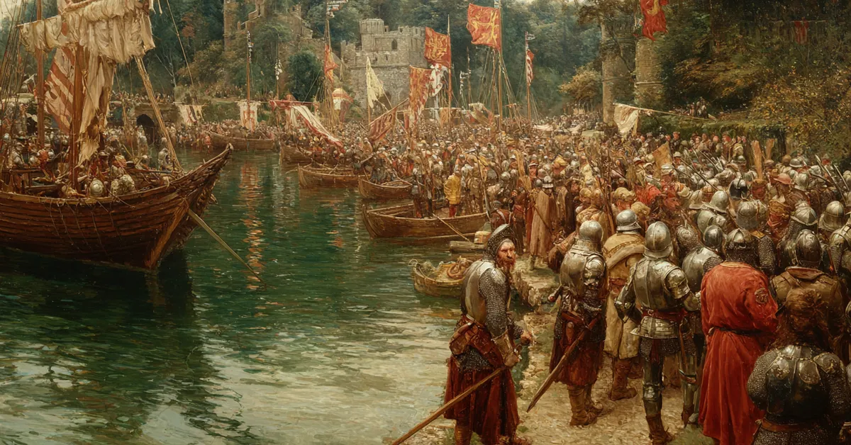 Soldiers gathered at a riverbank with boats pulled to shore and standards raised illustrating the movement of forces in King John Act 5 Scene 2