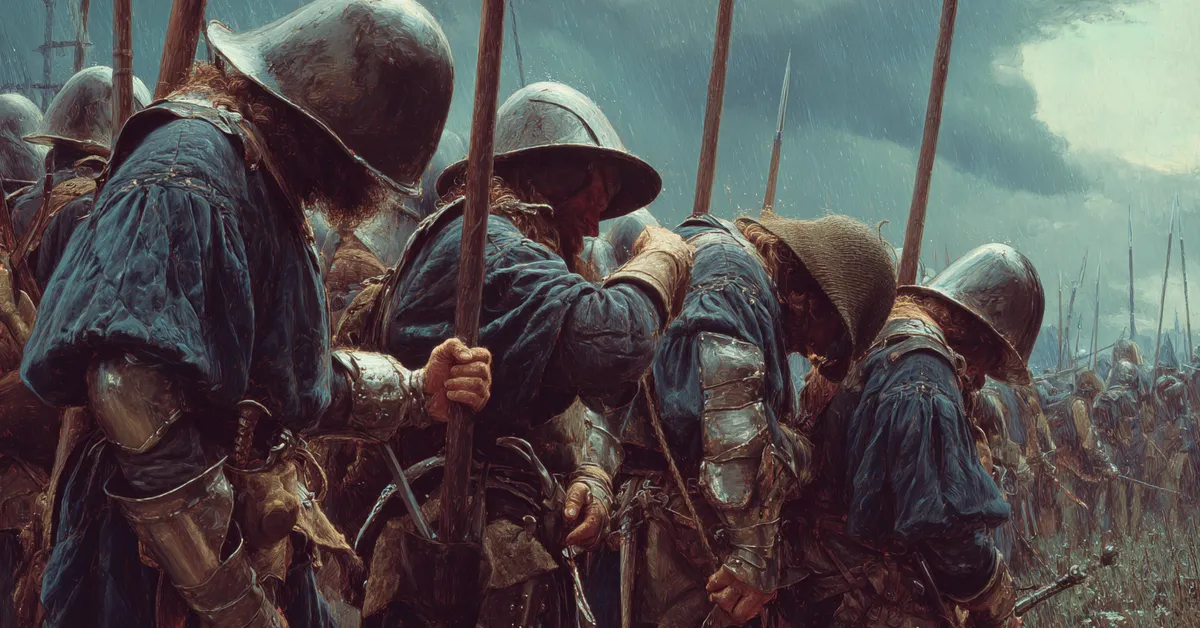 Soldiers gathered under a stormy sky tightening straps and checking weapons marking preparation in Henry V Act 3 Scene 1