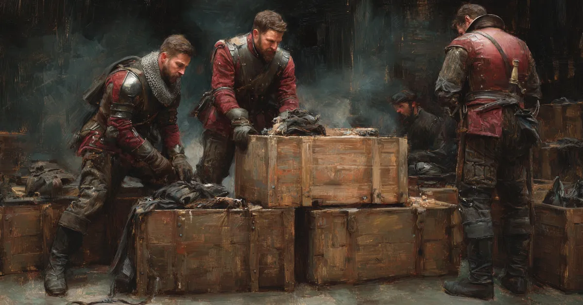Soldiers preparing equipment on wooden crates capturing the mood of Henry IV Part 1 Act 4 Scene 2