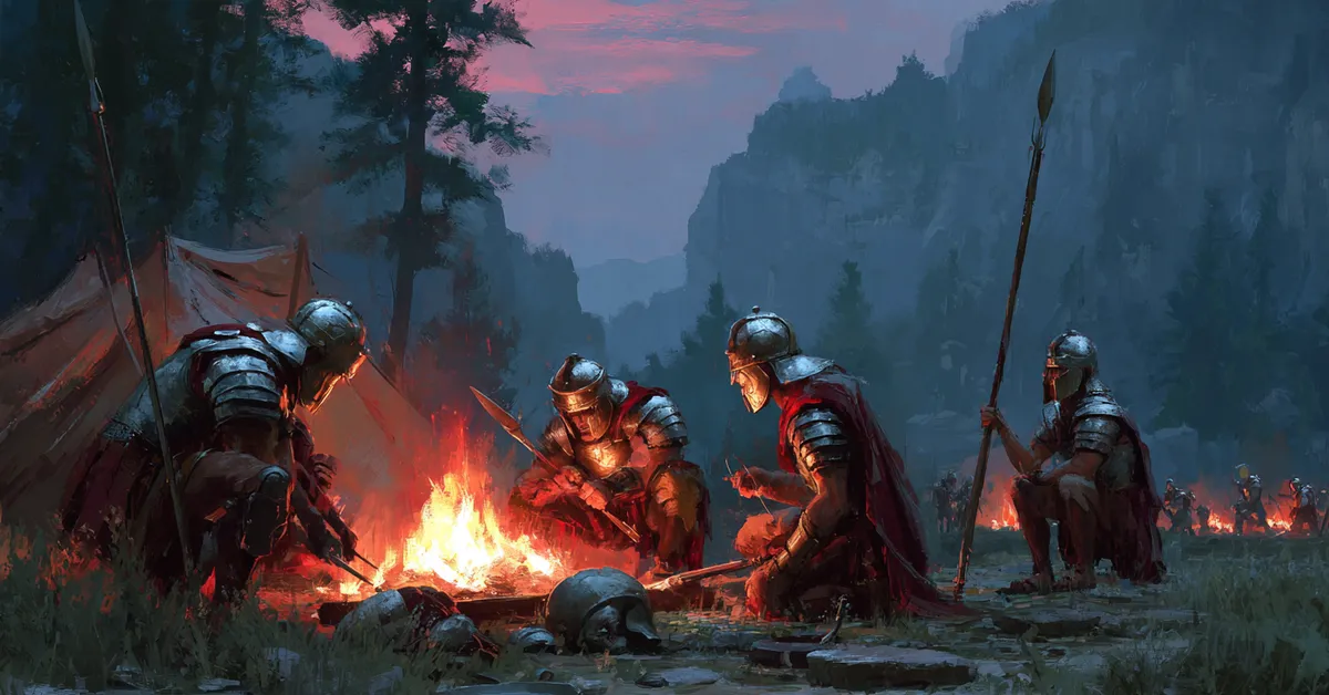 Soldiers preparing their weapons around campfires matching the buildup in Act 1 Scene 6