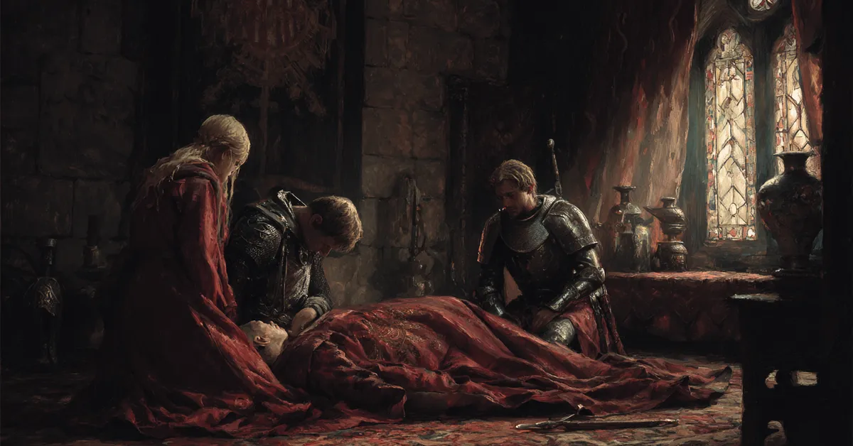 A somber room with a covered body and grieving companions referencing the passing in Henry V Act 2 Scene 3