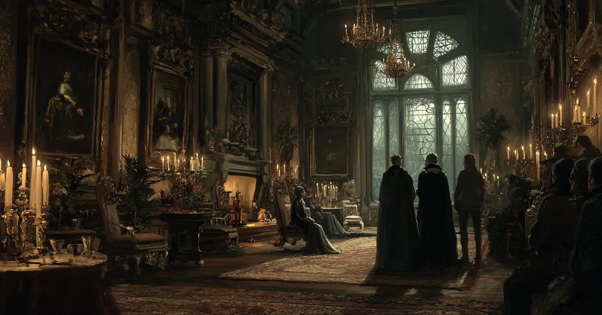 A stage-like castle room with onlookers in shadow tying to the play within the play in Hamlet Act 3 Scene 2