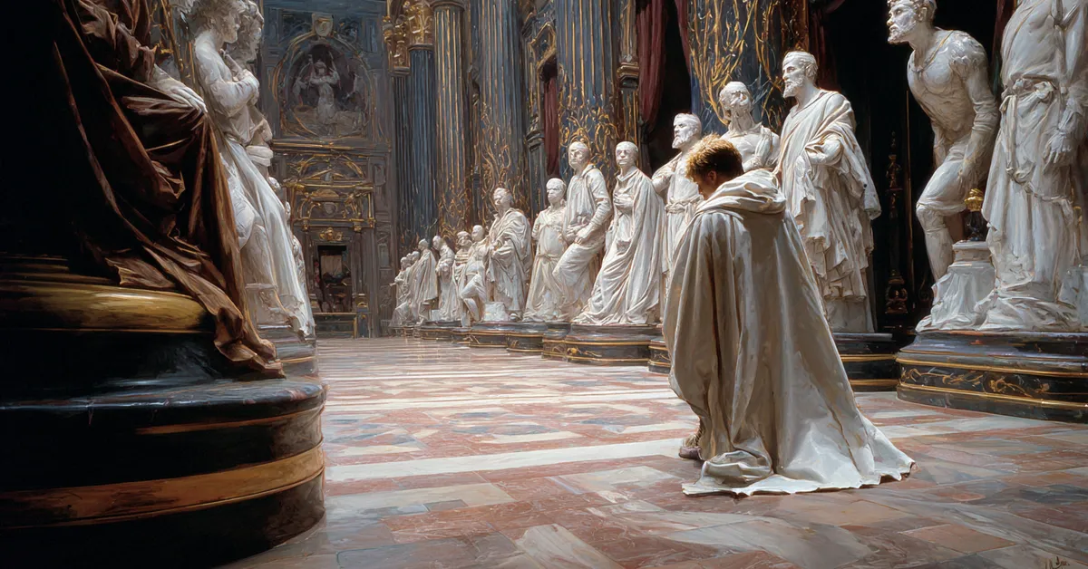 A grand hall filled with marble statues where one figure appears lifelike hinting at The Winter�s Tale Act 5