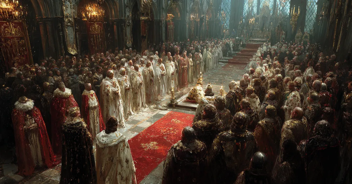 A stone chamber where assembled nobles stand in tense formation illustrating the aftermath in Richard II Act 5 Scene 6