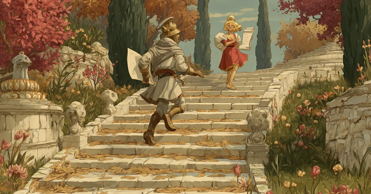 Stone steps where a messenger runs upward with a scroll capturing Troilus and Cressida Act 5 Scene 5