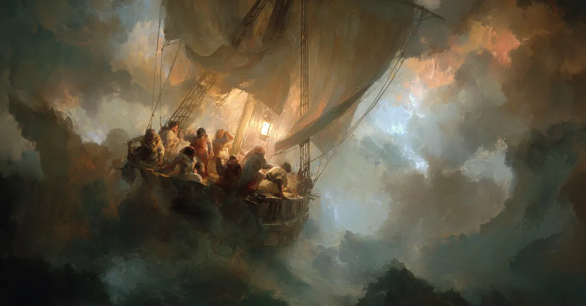 A storm tossed ship where the crew fights the wind and waves under lantern light illustrating the turmoil in Pericles Prince Of Tyre Act 4