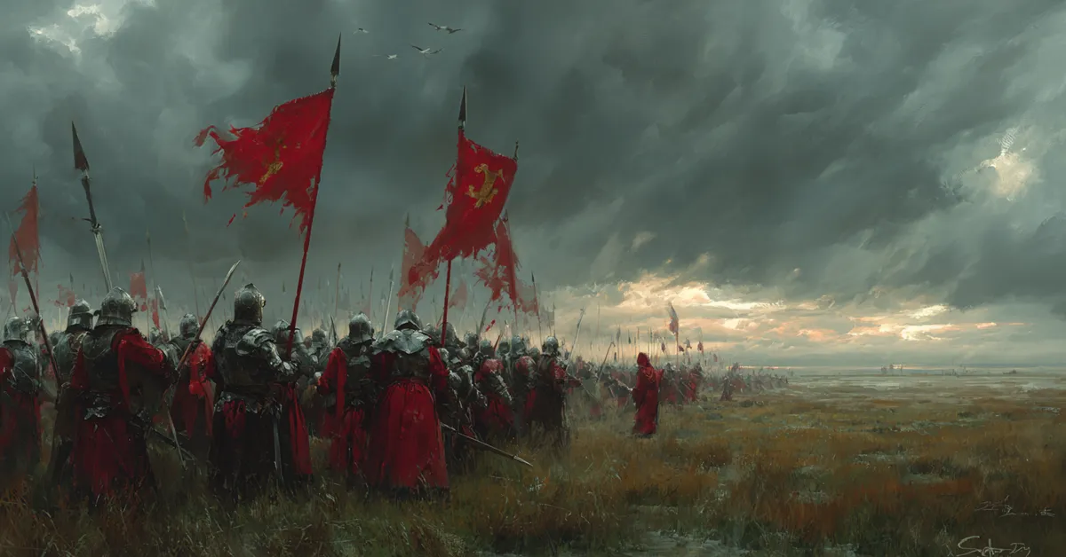 A stormy battlefield where armored knights stand ready with banners whipping in the wind capturing the conflict of Henry V Act 4