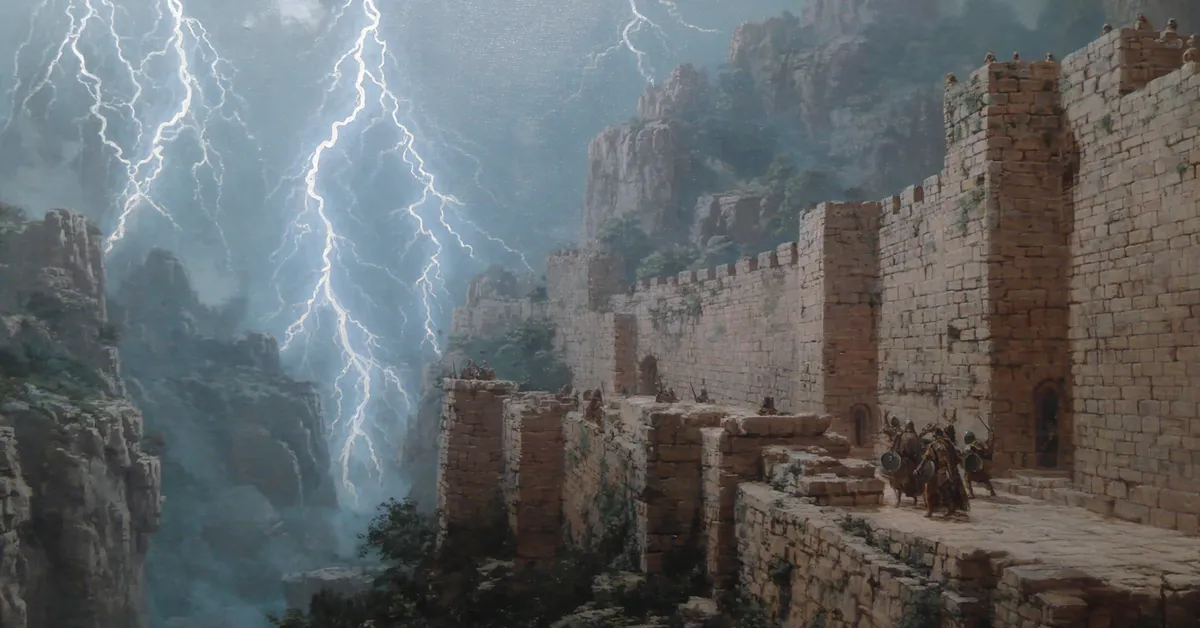 A stormy battlement where guards brace under lightning flashes reflecting Othello Act 5 Scene 1