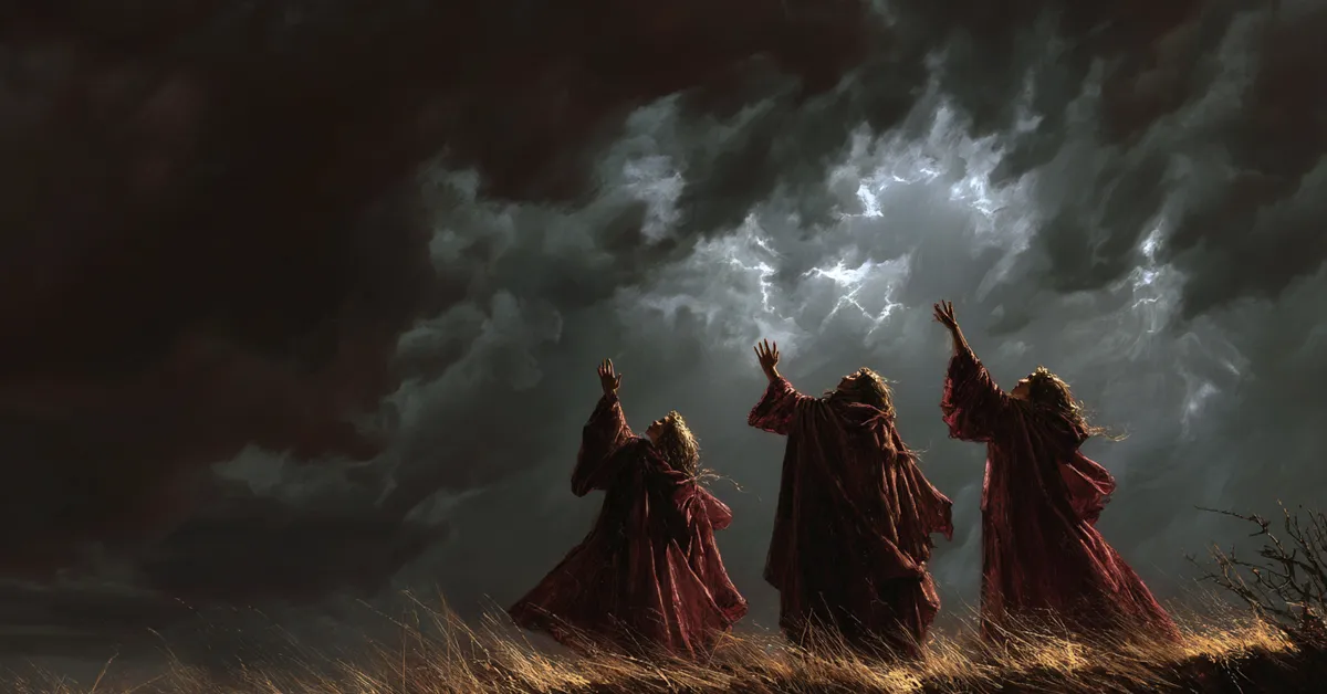 A stormy heath where three witches raise their hands toward the sky signaling the prophecy in Macbeth Act 1 Scene 1