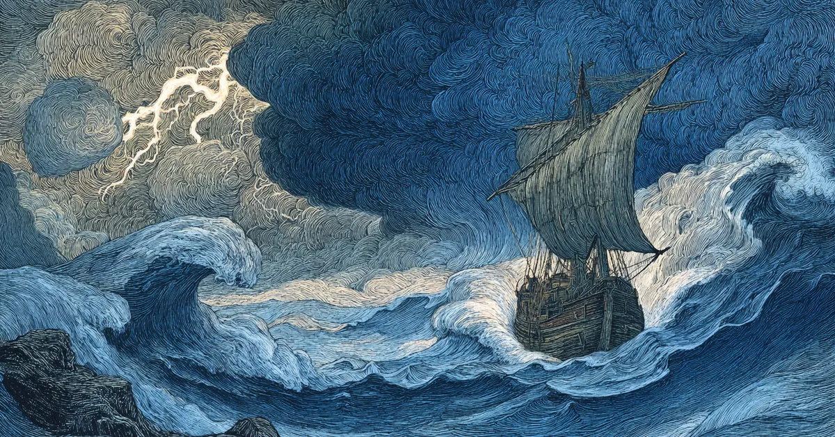 A stormy ocean scene with towering waves crashing against a ship as lightning flashes overhead echoing the magical chaos of The Tempest