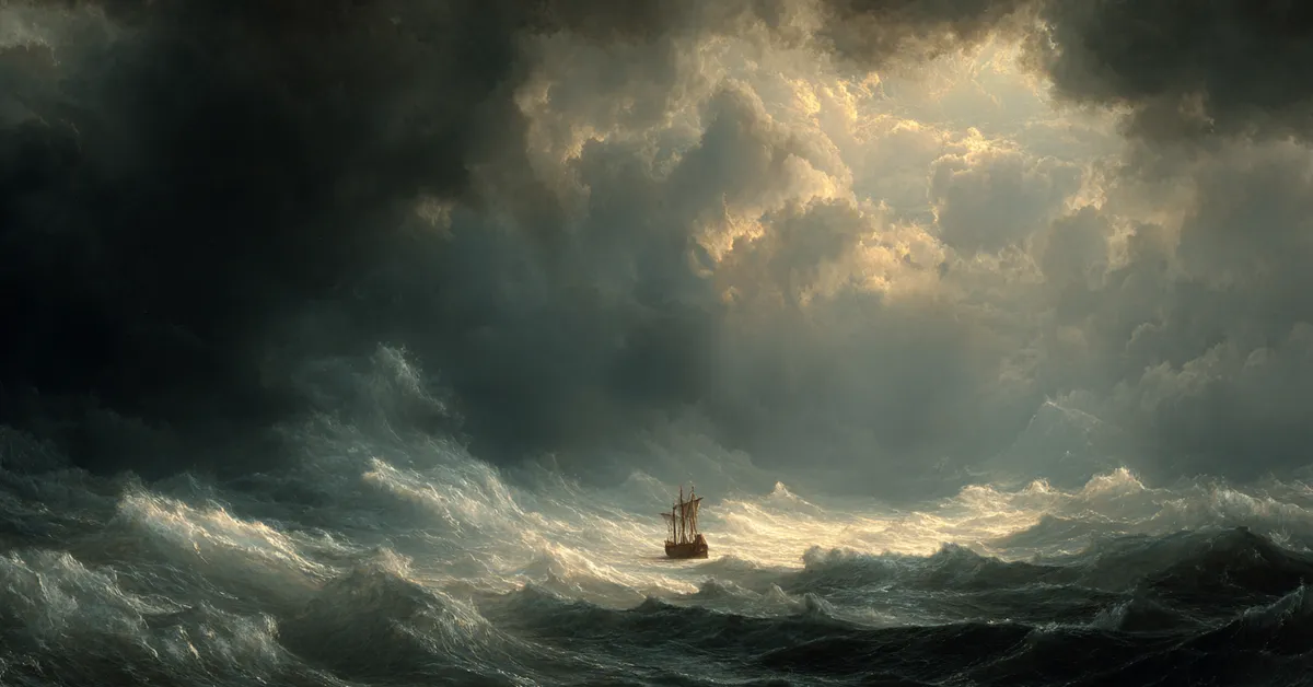 A stormy sea with a ship pitching in high waves under dark clouds visually introducing the adventurous tone of a Pericles Prince Of Tyre Scene