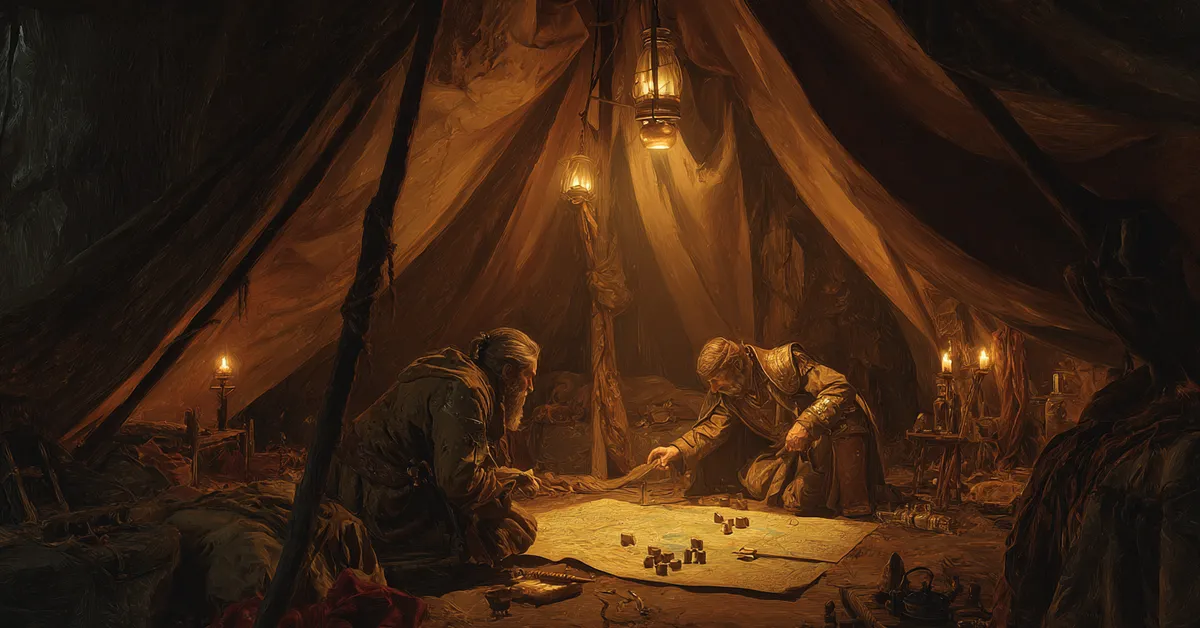 A torchlit tent where strategists bend over a campaign map with tokens laid out marking positions reflecting the planning in King John Act 5 Scene 1