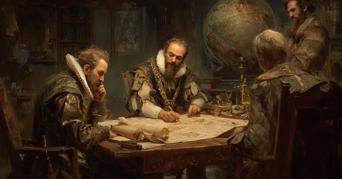 Strategists studying a star map in a quiet chamber connecting to the planning in Henry IV Part 1 Act 3 Scene 1
