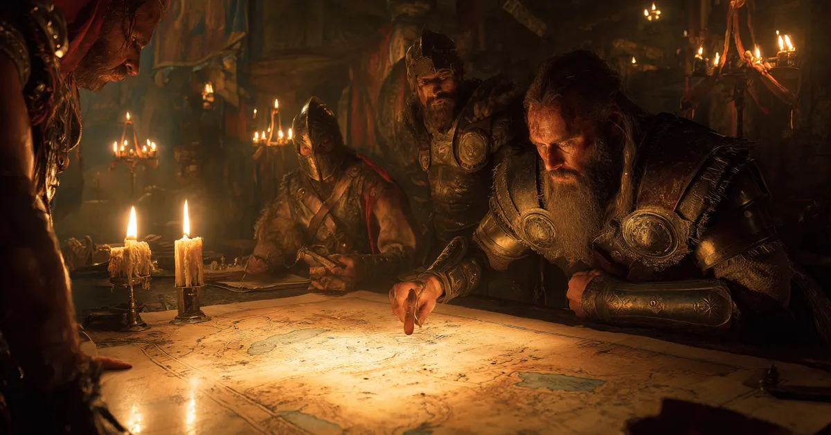 Strategists reviewing a detailed battle map lit by torches reflecting Act 1 Scene 7