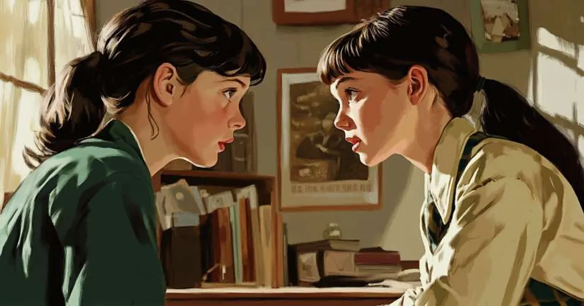 Two students leaning across a desk in a softly lit classroom during an intense conversation